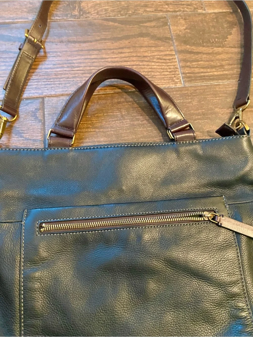 Fossil Vickey Black Leather Messenger Tote with Brown Accents
